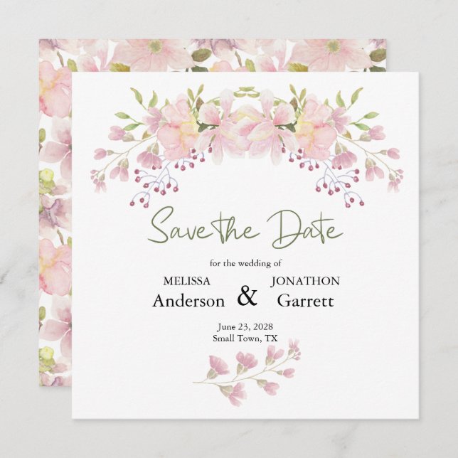 Pink Blush Magnolia Floral Elegant Save The Date (Front/Back)