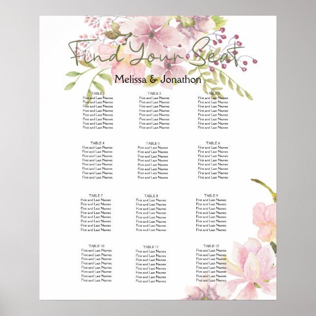 Pink Blush Magnolia Floral Wedding Seating Chart (Front)
