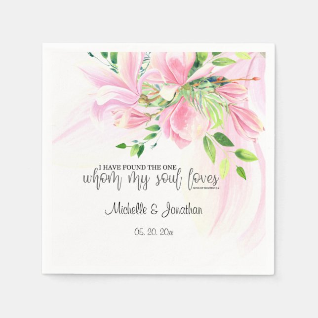Pink Blush Magnolias Floral Inspirational Wedding Napkin (Front)
