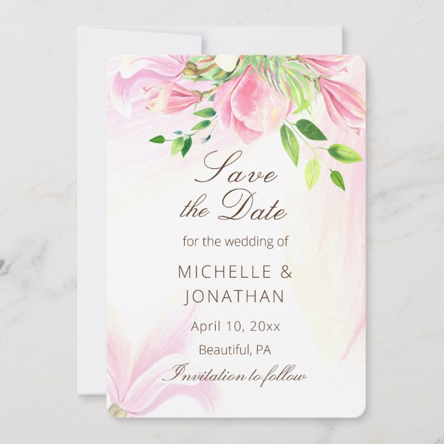 Pink Blush Magnolias Floral Inspirational Wedding Save The Date (Front)