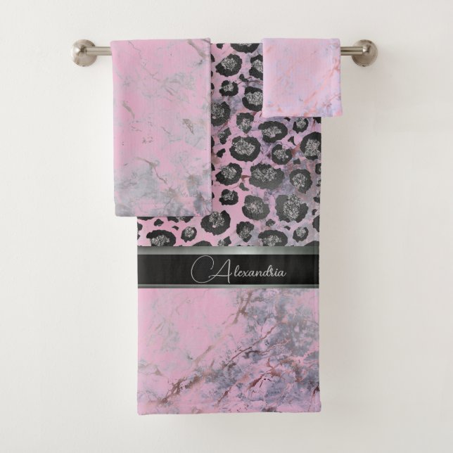 Pink Blush Marble Glittery Leopard Personalised Bath Towel Set (Insitu)
