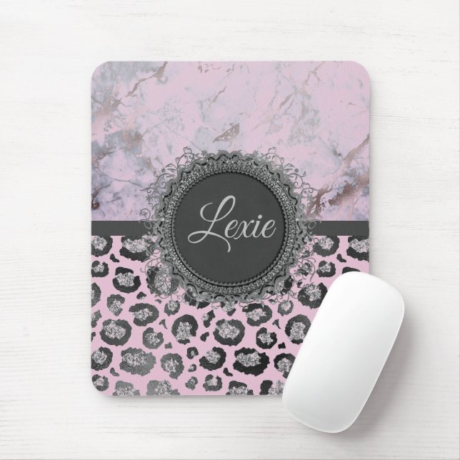 Pink Blush Marble Glittery Leopard Personalised Mouse Pad (With Mouse)