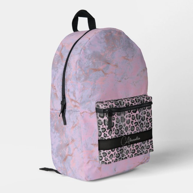 Pink Blush Marble Glittery Leopard Personalised Printed Backpack (Back Corner Left)