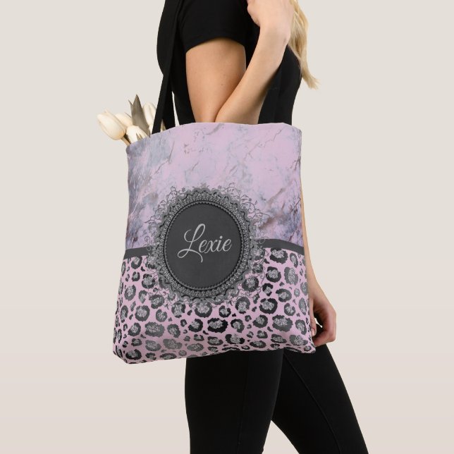Pink Blush Marble Glittery Leopard Personalised Tote Bag (Close Up)