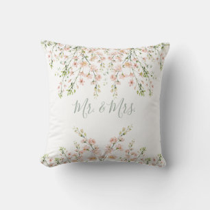 Pink Blush Mr and Mrs Floral Name Wildflowers Cushion