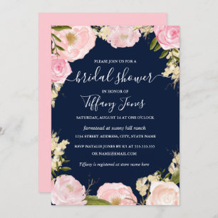 Pink Blush Navy Floral Bridal Shower Invitation