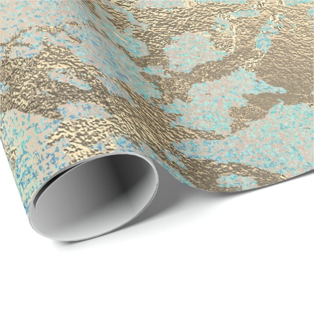 Pink Blush Painting Aqua Blue Gold Marble Shiny Wrapping Paper (Roll Corner)