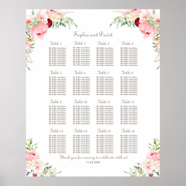Pink Blush Peonies Bloom Wedding Seating Chart (Front)