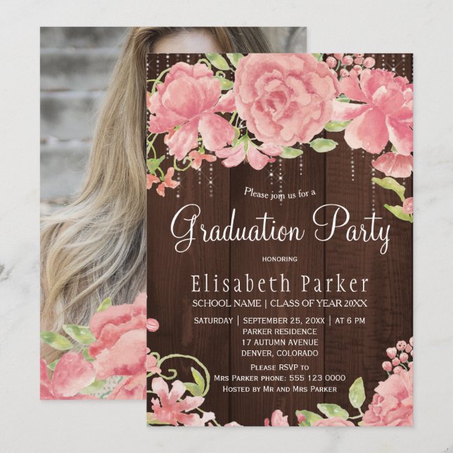 Pink blush peonies rustic PHOTO graduation party Invitation (Front/Back)