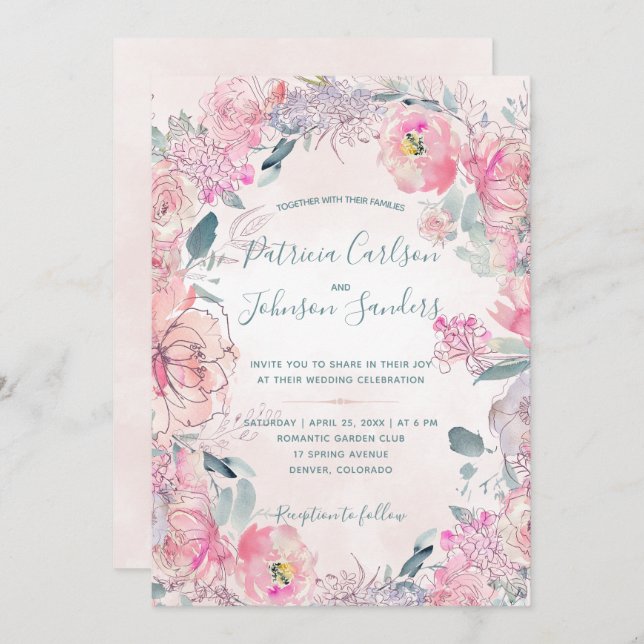 Pink blush peonies watercolor bouquets wedding invitation (Front/Back)