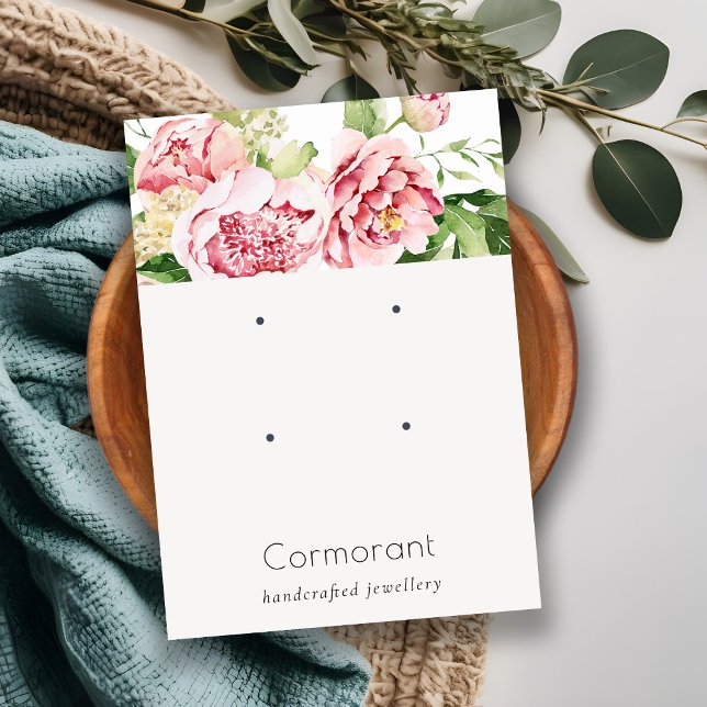 Pink Blush Peony Floral 2 Stud Earring Display Business Card (Creator Uploaded)