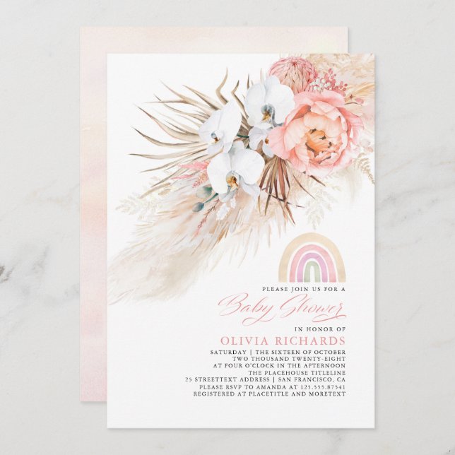 Pink Blush Rainbow Pampas Grass Baby Shower Girl Invitation (Front/Back)