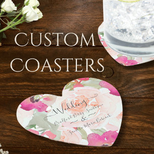 Pink Blush Raspberry Watercolor Floral Wedding Paper Coaster