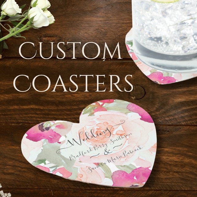 Pink Blush Raspberry Watercolor Floral  Wedding Paper Coaster (Creator Uploaded)