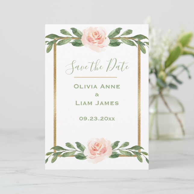 Pink Blush Romantic Floral Elegant Script Gold Save The Date (Standing Front)