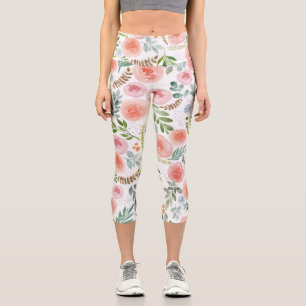 Pink Blush Rose and Greenery Leaves  Capri Leggings