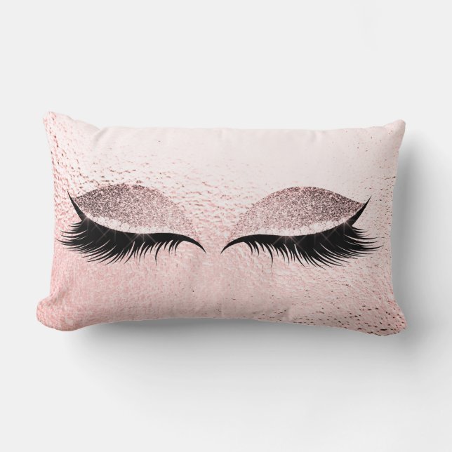 Pink Blush Rose Glitter Black Glam Make Up Grey Lumbar Cushion (Front)