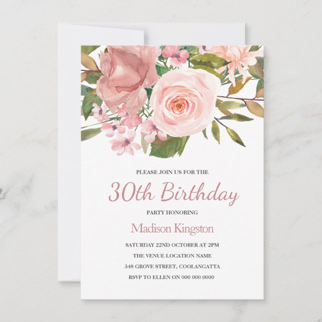 Pink Blush Rose Gold 30th Birthday Party Invite (Front)