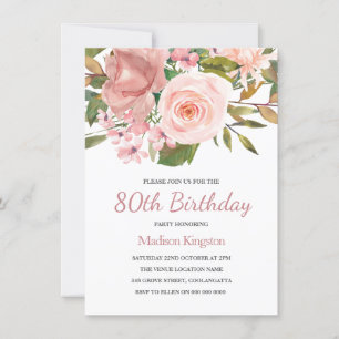 Pink Blush Rose Gold 80th Birthday Party Invite