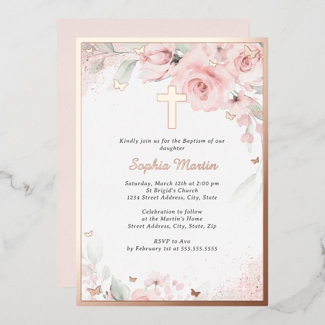 Pink Blush Rose Gold Cross Floral Girl Baptism  (Front/Back)