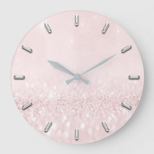 Pink Blush Rose Powder Glitter Grey Silver Grey Large Clock