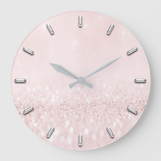 Pink Blush Rose Powder Glitter Grey Silver Grey Large Clock (Front)