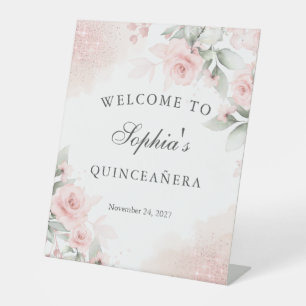 Pink Blush Rose Quinceanera Welcome Pedestal Sign