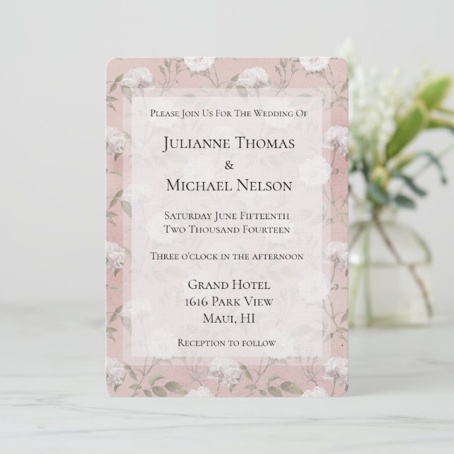 Pink Blush Rose White Floral Romantic Wedding Invitation (Standing Front)