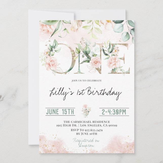 Pink Blush Roses 1st Birthday Invitation (Front)