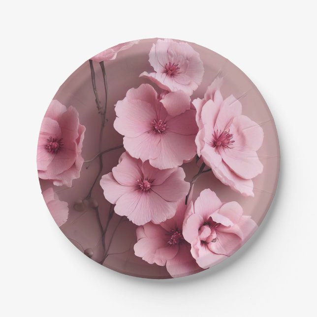  Pink Blush Roses Aesthetic Floral Pattern Paper Plate (Front)