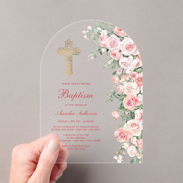 Pink Blush Roses Arch Baptism Acrylic Invitations (Insitu (Handheld))