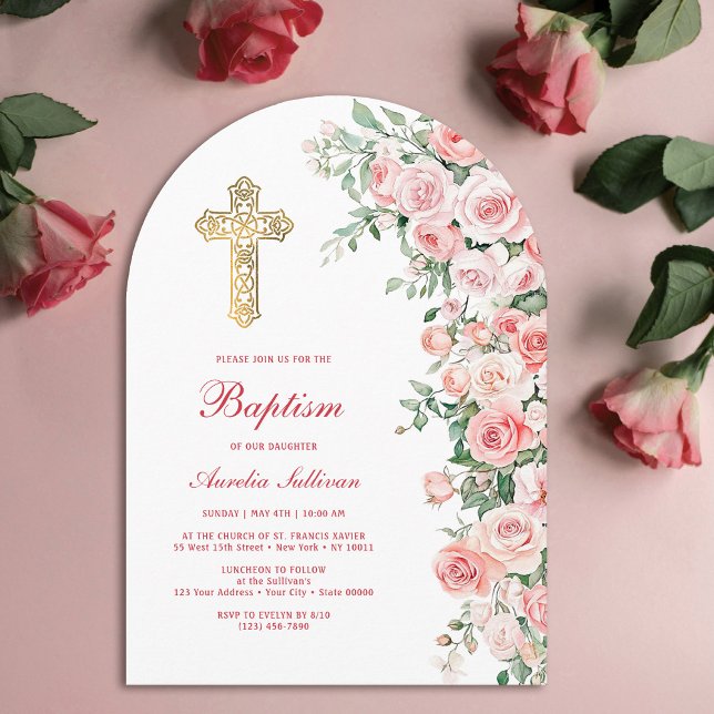 Pink Blush Roses Arch Baptism Invitation (Creator Uploaded)