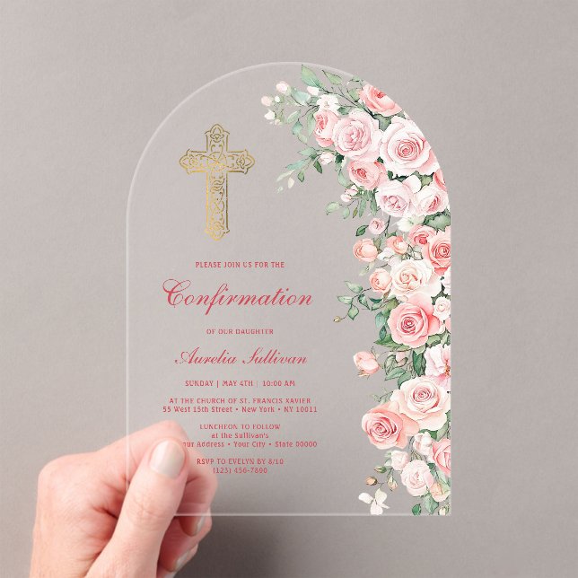 Pink Blush Roses Arch Confirmation Acrylic Invitations (Insitu (Handheld))