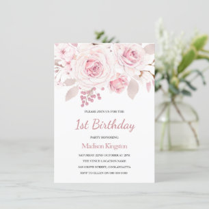 Pink Blush Roses Elegant Girls 1st Birthday Party Invitation