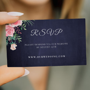 Pink blush roses navy blue wedding website RSVP Enclosure Card