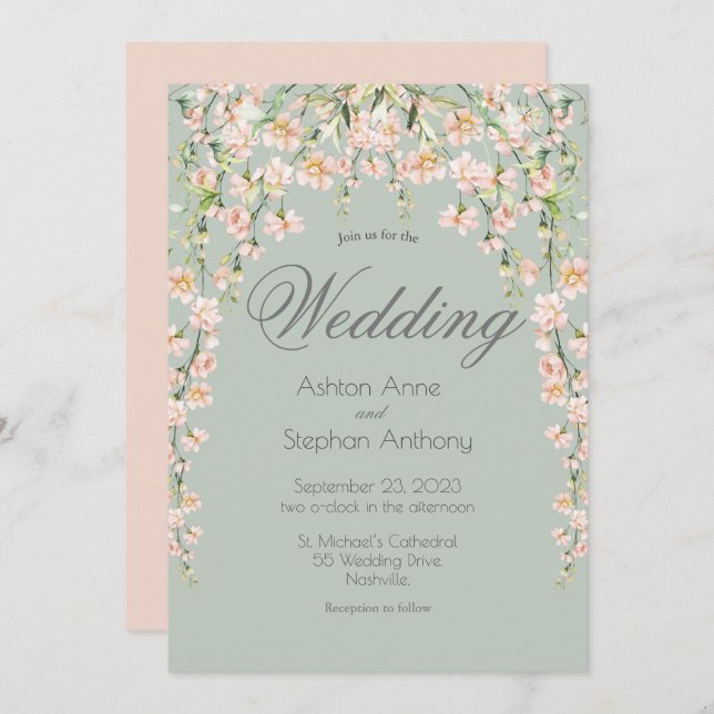 Pink Blush Sage Green Floral Wildflowers Wedding Invitation (Front/Back)