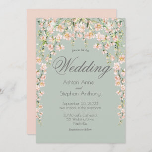 Pink Blush Sage Green Floral Wildflowers Wedding Invitation