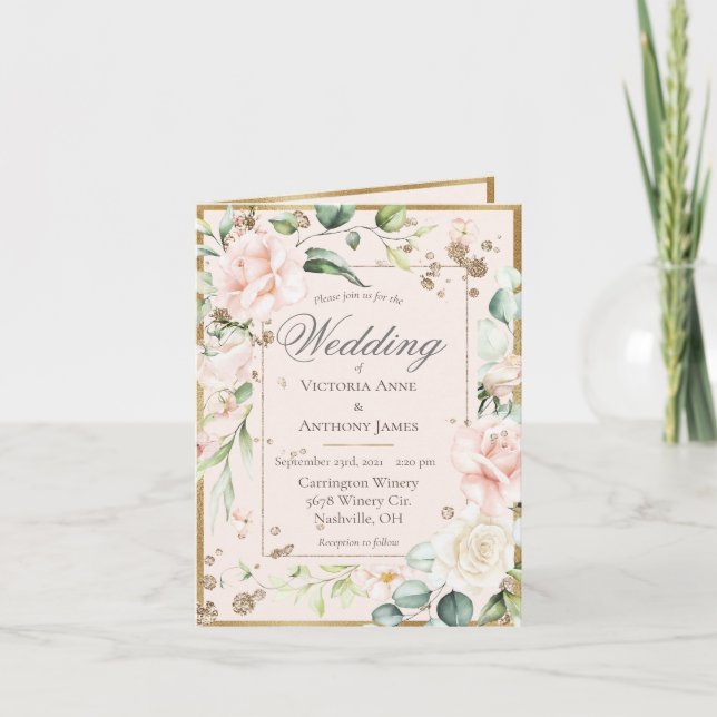 Pink Blush Sage Watercolor Romantic Floral Wedding Invitation (Front)