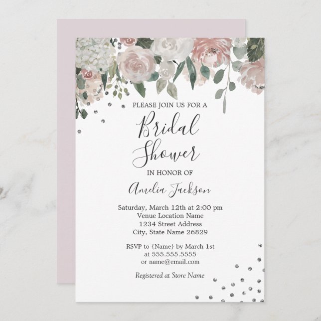Pink Blush Silver Watercolor Floral Bridal Shower Invitation (Front/Back)
