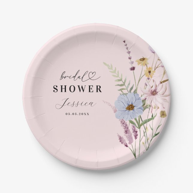 Pink Blush Spring Wildflowers Garden Bridal Shower Paper Plate (Front)