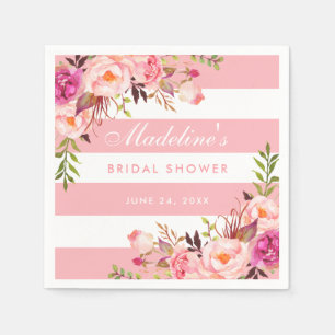Pink Blush Striped Floral Bridal Shower Napkin