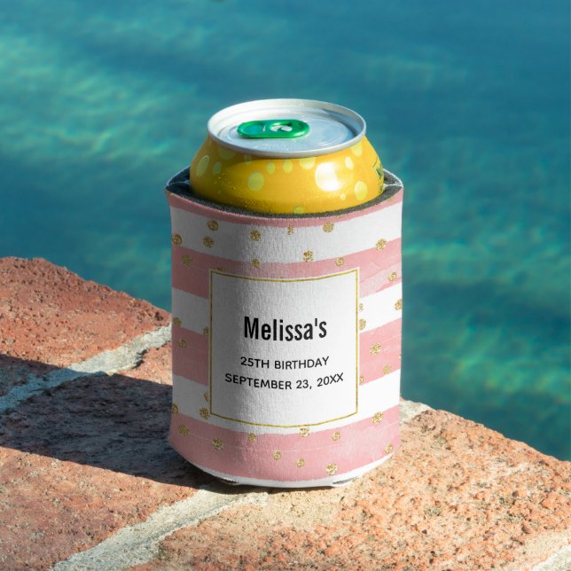 Pink Blush Stripes | Faux Gold Confetti Birthday Can Cooler (In Situ Pool)