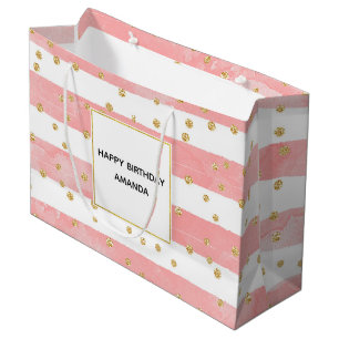 Pink Blush Stripes Faux Gold Confetti Birthday Large Gift Bag