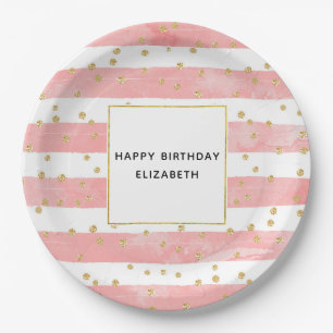 Pink Blush Stripes & Faux Gold Confetti Birthday Paper Plate