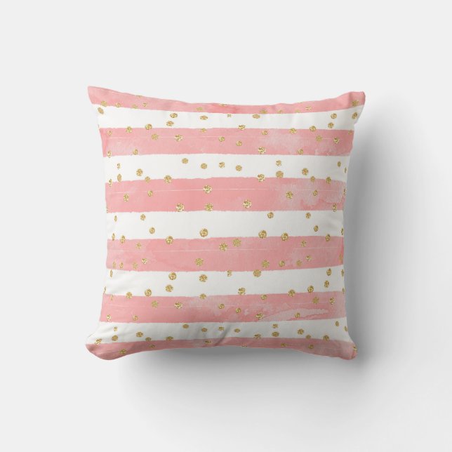 Pink Blush Stripes | Faux Gold Confetti Cushion (Front)