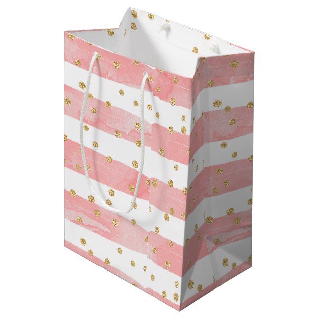Pink Blush Stripes | Faux Gold Confetti Medium Gift Bag (Front Angled)