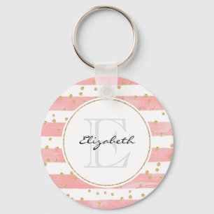 Pink Blush Stripes   Faux Gold Confetti Monogram Key Ring