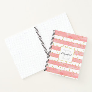 Pink Blush Stripes   Faux Gold Confetti Monogram Notebook