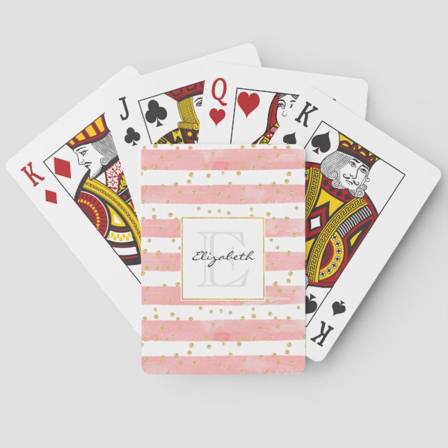 Pink Blush Stripes | Faux Gold Confetti Monogram Playing Cards (Back)