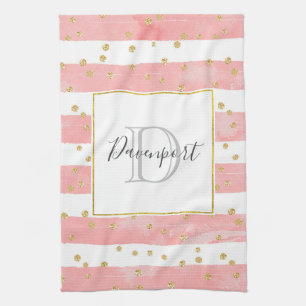 Pink Blush Stripes   Faux Gold Confetti Monogram Tea Towel